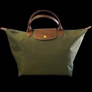 Longchamp Le Pliage Medium Tote Olive Green Nylon Brown Leather Authentic